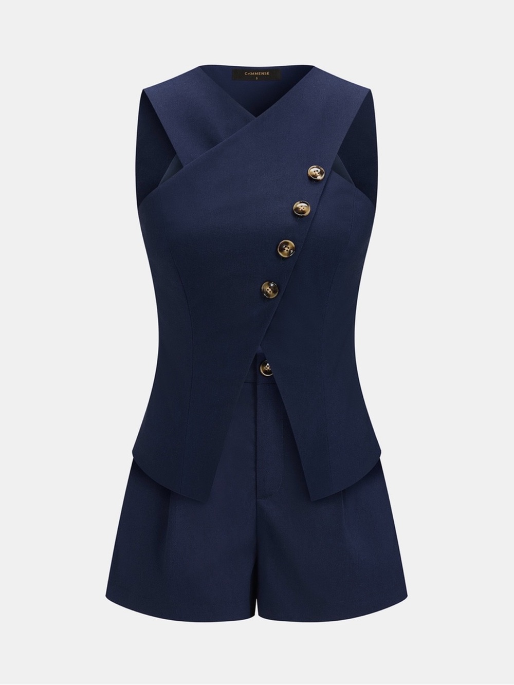 Commense Navy Linen Blend Crisscross Vest & Shorts Set
